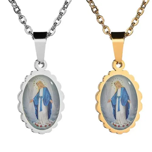 NTM3882 Colorful Film Blessing Hands Necklace with Stainless Steel Oval Lace Pendant