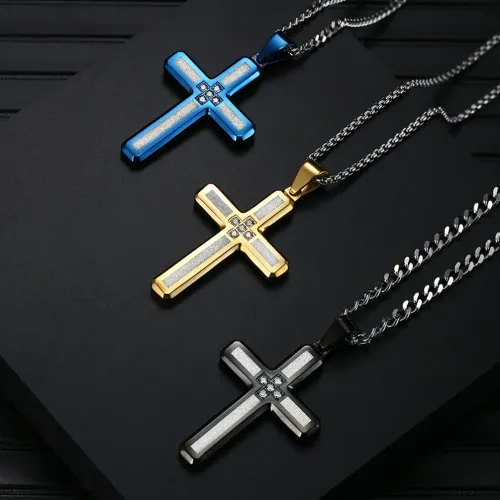 NTM1182 Men's Tungsten Carbide Cross Pendant Necklace Stainless Steel Crucifix Accessory
