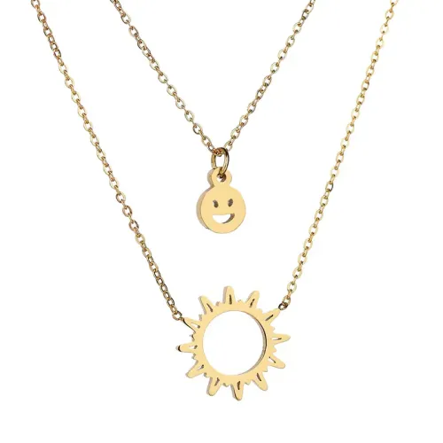 NTM3812 Dual Layer Hollow Evil Sun Smiley Face Pendant Necklace Stainless Steel BFF Jewelry