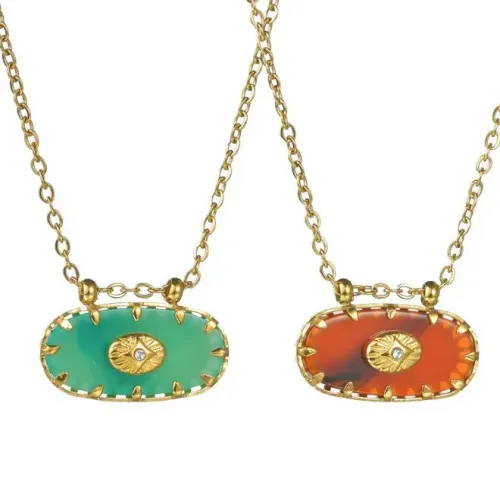 NTM3346 18K Gold Plated Natural Stone Pendant Stainless Steel Necklace Sweater Chain