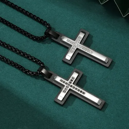 NTM1150 Men's Stainless Steel Double Layer Beveled Stone Cross Pendant Polished Necklace
