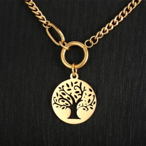 NTM2786 Double Layered Cuban Chain with Stainless Steel Tree of Life Pendant Christmas Jewelry Necklace