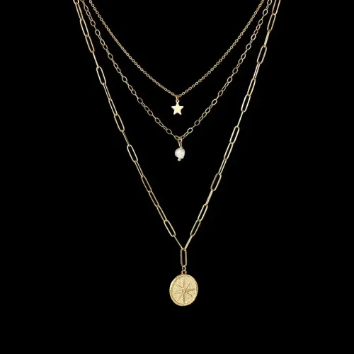 NTM3763 14K Gold Triple Layer Pearl Star Pendant Necklace for Women Stainless Steel Pentagram Jewelry