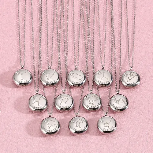 NTM2565 Zodiac Stainless Steel Rhinestone Necklace Women's Astrology Jewelry