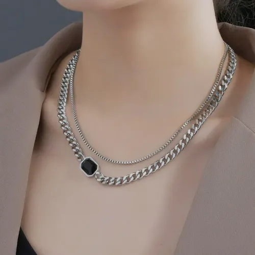 NTM3738 Black Zirconia Double Layer Necklace for Women Hip Hop Style Layered Jewelry