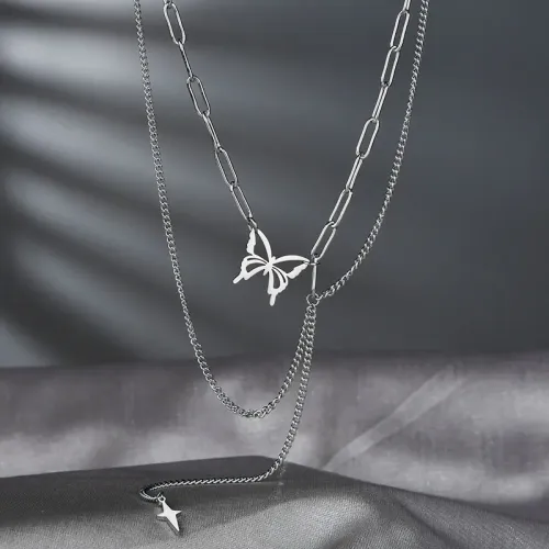 NTM3834 Women's Stainless Steel Layered Hollow Butterfly Cross Pendant Necklace Fashion Jewelry