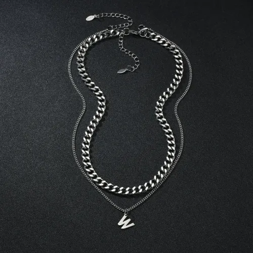 NTM3867 Spring Collection: Double Layered 'W' Pendant Necklace for Women Stainless Steel Clavicle Chain