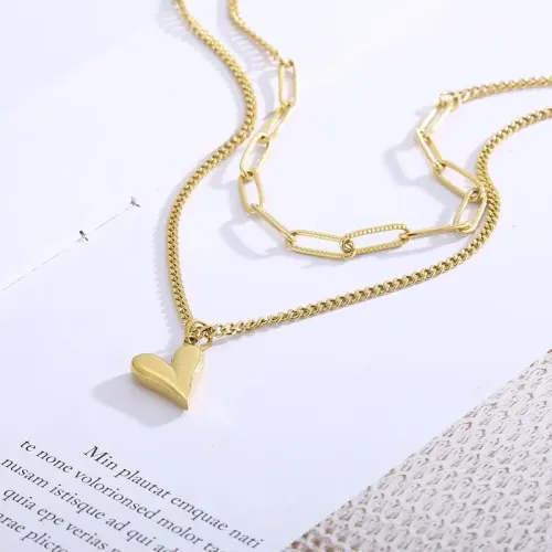 NTM2722 Double Layered Square Chain Necklace with Heart Pendant Women's Sweater Chain Jewelry