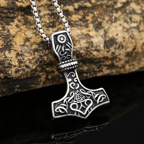 NTM915 Nordic Thor's Hammer Viking Triangle Rune Pendant Unisex Stainless Steel Necklace