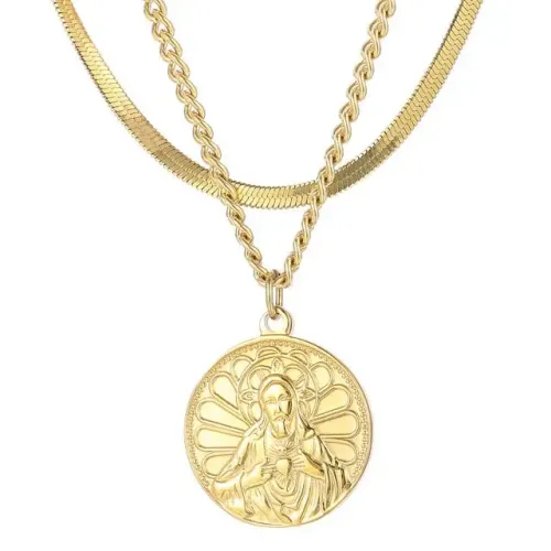NTM2908 Jesus Medallion Pendant Unisex Stainless Steel Layered Long Sweater Necklace