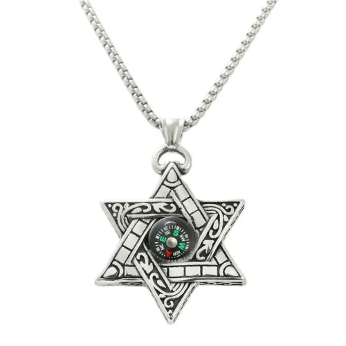NTM1877 Hexagram Compass Pendant Stainless Steel Star of David Necklace