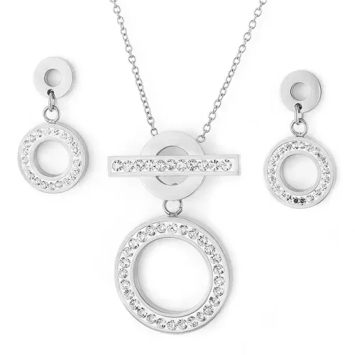 NTM2996 Slimming Full Diamond Stainless Steel Circle Necklace Earrings Set for Women