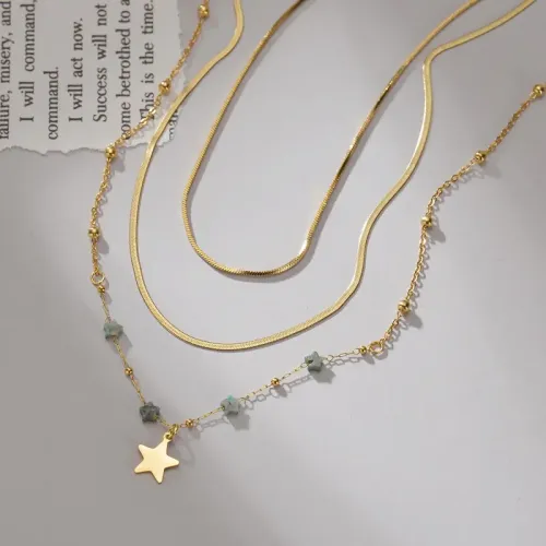 NTM3423 14K Gold Multi Layer Stainless Steel Necklace with Beaded Star Pendant