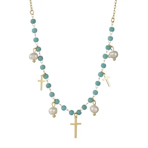 NTM3454 14K Gold Stainless Steel Cross Freshwater Pearl Necklace Bohemian Tassel Clavicle Chain