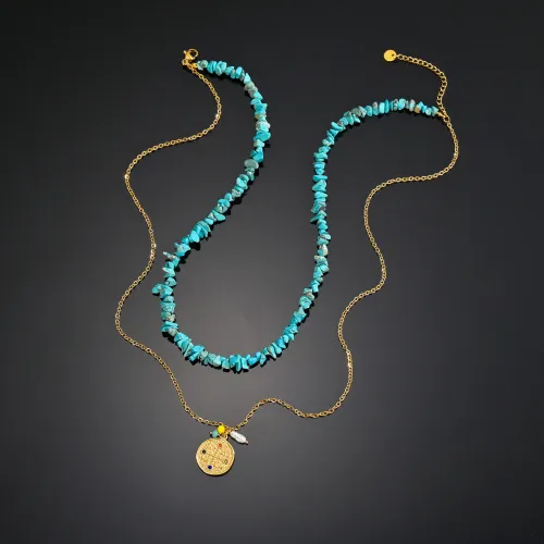 NTM3404 Double Layered Stone Diamond Pendant Necklace Stainless Steel Clavicle Chain for Women