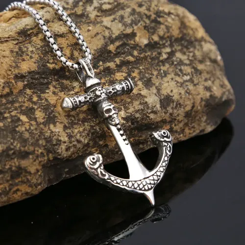 NTM965 Men's Anchor Skull Pendant Stainless Steel Nautical Necklace