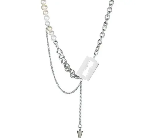 NTM3761 Pearl Chain Razor Cone Pendant Necklace for Women Stainless Steel Clavicle Jewelry