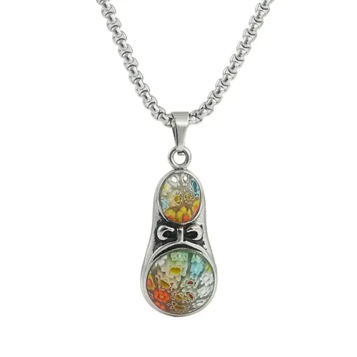 NTM1496 Gourd Shaped Pendant Punk Necklace with Stainless Steel Lapis Lazuli Flower Charm