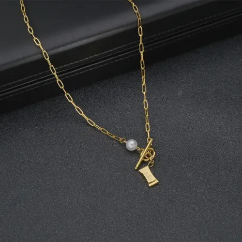 NTM3708 OT Clasp Irregular Square Tag Pearl Pendant Necklace Stainless Steel Clavicle Chain for Women