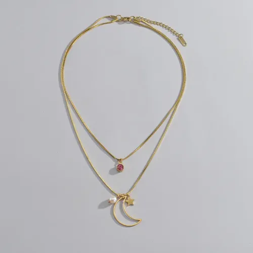 NTM3502 14K Gold Plated Stainless Steel Hollow Moon Cubic Zirconia Pearl Sweater Necklace for Women