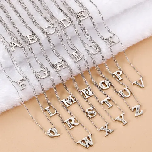 NTM2526 26 Capital Diamond Studded Initials Stainless Steel Collar Necklace for Women Fashion Jewelry