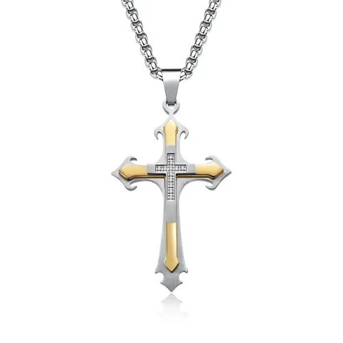 NTM1234 Triple Layer Floral Design Cross Pendant Men's Stainless Steel Stone Inlaid Necklace