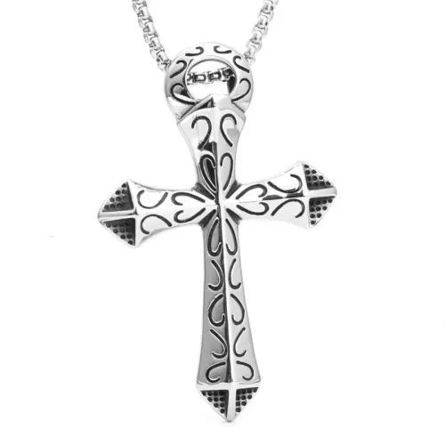 NTM2089 Floral Cross Pendant Punk Stainless Steel Men's Necklace
