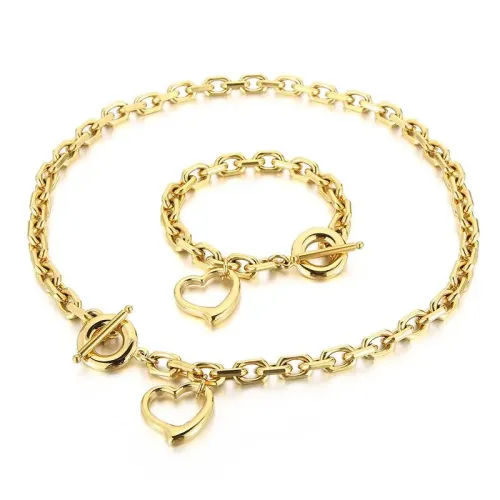 NTM2977 Stainless Steel Heart OT Clasp Necklace Bracelet Set for Women Love Shape Jewelry
