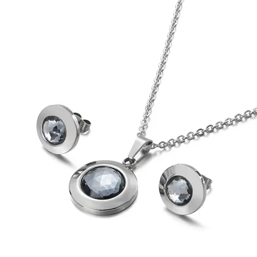 NTM2961 Crystal Necklace + Earrings Set in Steel Color Elegant Jewelry Combo