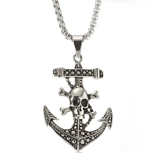 NTM2295 Pirate Ship Anchor Pendant Stainless Steel Cross Skull Necklace