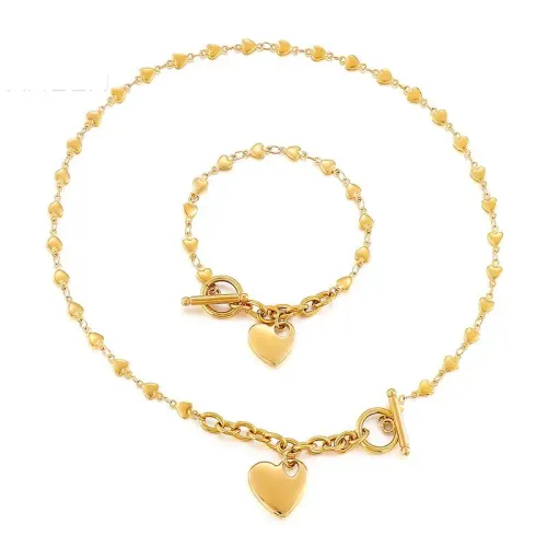 NTM3011 Stainless Steel T Bar Heart Necklace Bracelet Set for Couples Love Themed Combo