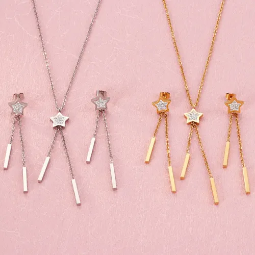 NTM2898 Elegant Star Stud Earrings and Necklace Set for Women Stainless Steel Jewelry Combo