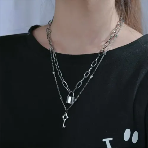 NTM3685 Multi Layered Padlock Necklace for Women Stainless Steel Key Pendant Jewelry