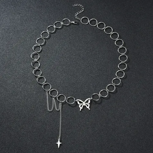 NTM3833 Stainless Steel Butterfly Cross Pendant Necklace with S Link Chain for Women