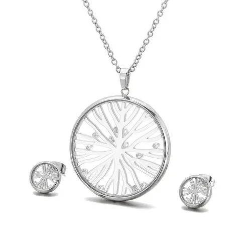 NTM2935 Hollow Glass Mirror Stainless Steel Round Necklace Set for Women Elegant Jewelry