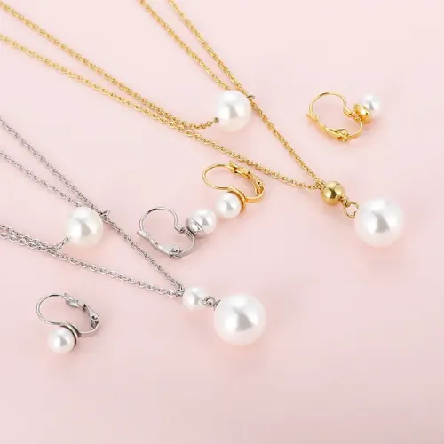 NTM2753 18K Gold Plated Pearl Necklace Earrings Set for Women Elegant Jewelry