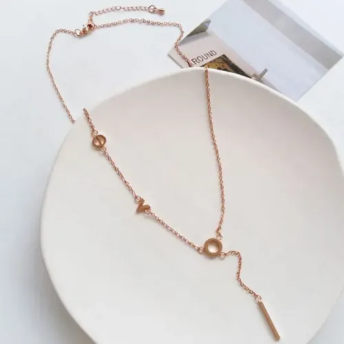 NTM3571 18K Rose Gold LOVE Letter Tassel Long Necklace for Women Elegant Pendant