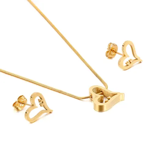 NTM2729 Hollow Heart Pendant Necklace Earrings Set Stainless Steel Jewelry