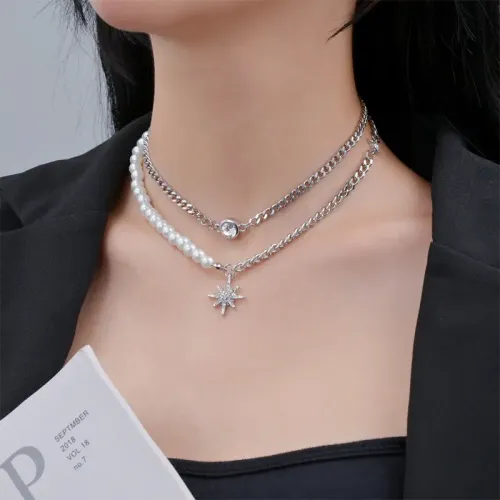 NTM3654 Double Layered Star Pearl Choker Necklace Trendy Fashion Jewelry