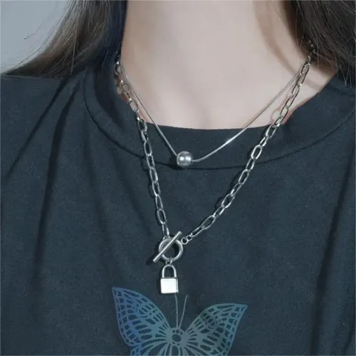 NTM3649 Hip Hop Lock Pendant Bead Double Layer OT Clasp Choker for Women