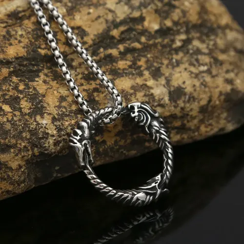 NTM971 Men's Wolf Dragon Head Stainless Steel Pendant Necklace with Ring Charm