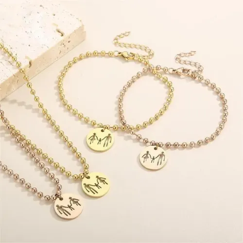NTM2589 Mother's Day Jewelry Set: Stainless Steel Circle Pendant Chain Parent Child Hand in Hand Necklace Bracelet