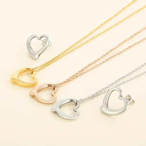 NTM2689 Hollow Heart Necklace + Earrings Set in Stainless Steel for Women Elegant Jewelry Combo