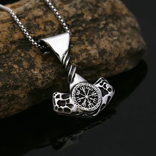 NTM933 Viking Compass Thor's Hammer Pendant Stainless Steel Norse Necklace for Men Women