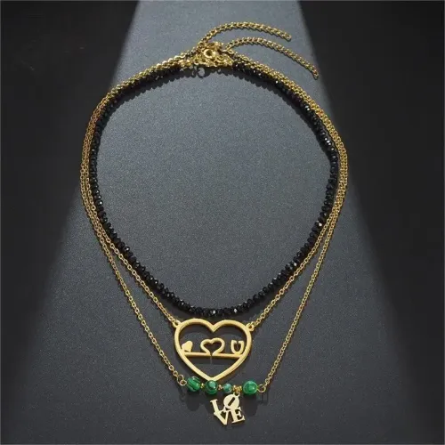 NTM3403 Layered Love Letter Bead Chain Necklace for Women Hollow Heart Stainless Steel Collar