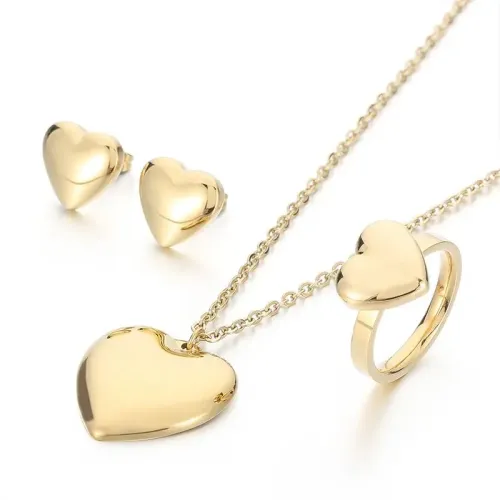 NTM2534 18K Real Gold Plated Stainless Steel Heart Necklace Earrings Set Elegant Jewelry Combo