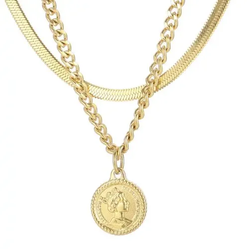 NTM2952 Cool Double Layered Portrait Medallion Pendant Necklace Gold Plated Stainless Steel for Women
