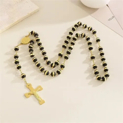 NTM3087 8mm Bead Rosary Necklace with 18K Real Gold Cross Stainless Steel Religious Jewelry