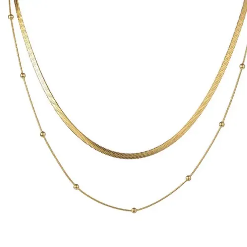 NTM3528 Layered Bead Clasp Double Strand Necklace for Women 18K Gold Plated Stainless Steel Flat Snake Chain