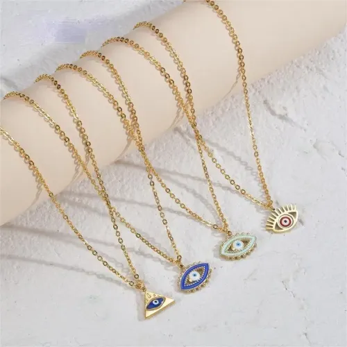 NTM3520 14K Gold Evil Eye Pendant Necklace for Women Stainless Steel Clavicle Chain